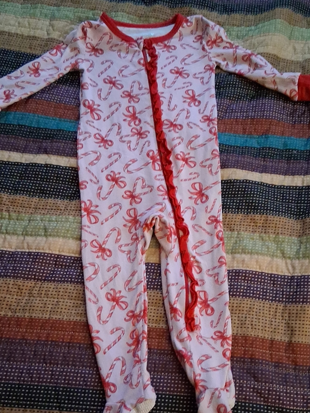 Max&olivia Girls Red Candy Cane Print One-Piece Pajamas